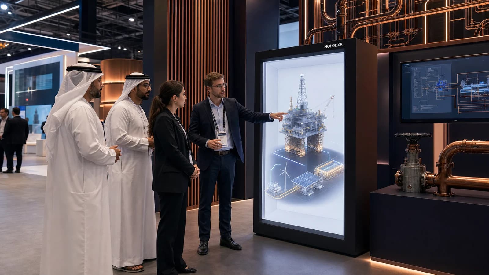 Energy professionals examining an offshore platform digital twin inside a black HOLO DXB Holobox at an Abu Dhabi exhibition