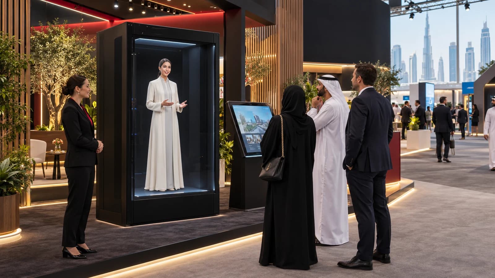 UAE and international exhibition visitors interacting with an AI avatar inside a black Holobox beside a touchscreen at a premium Dubai event stand