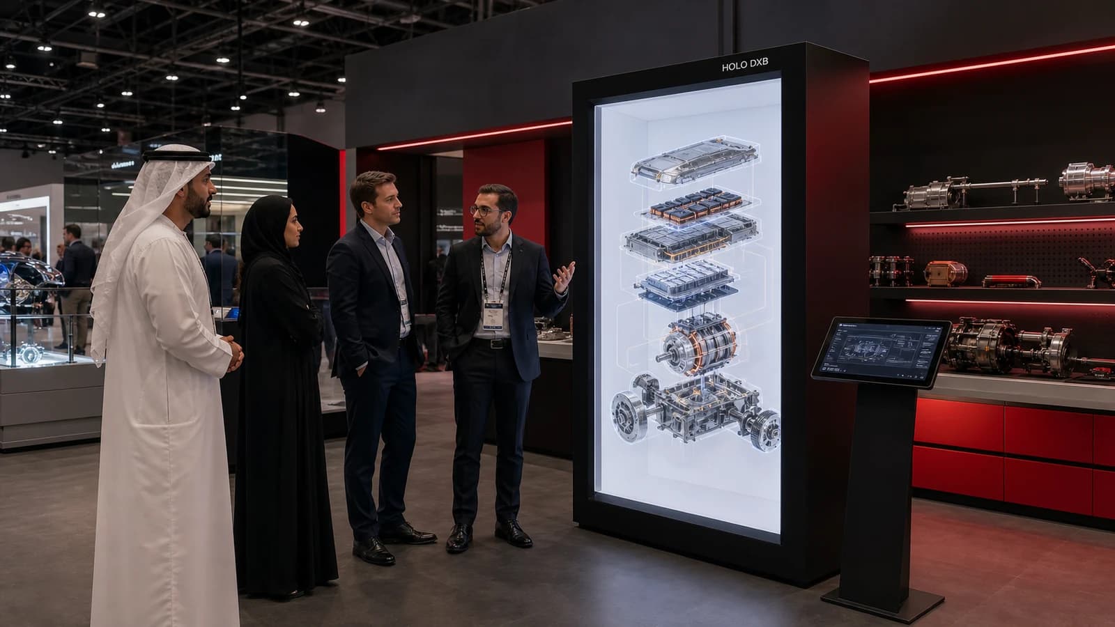 Automotive professionals examining an exploded electric vehicle battery and drivetrain inside a black HOLO DXB Holobox at a Dubai exhibition