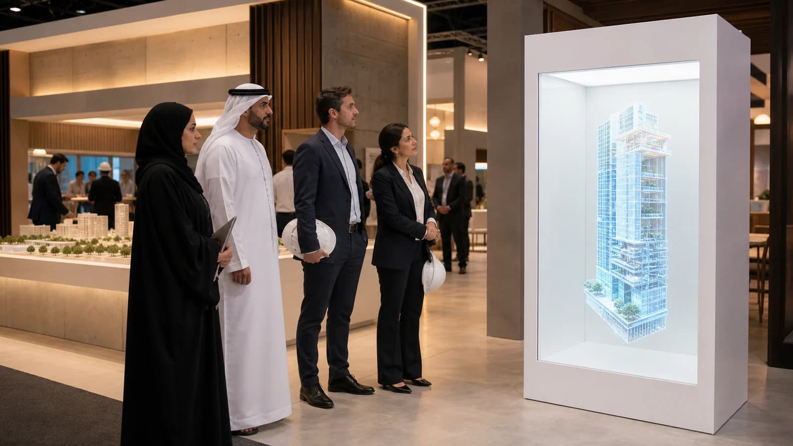 Construction professionals viewing a building digital twin inside a white Holobox at a Dubai exhibition