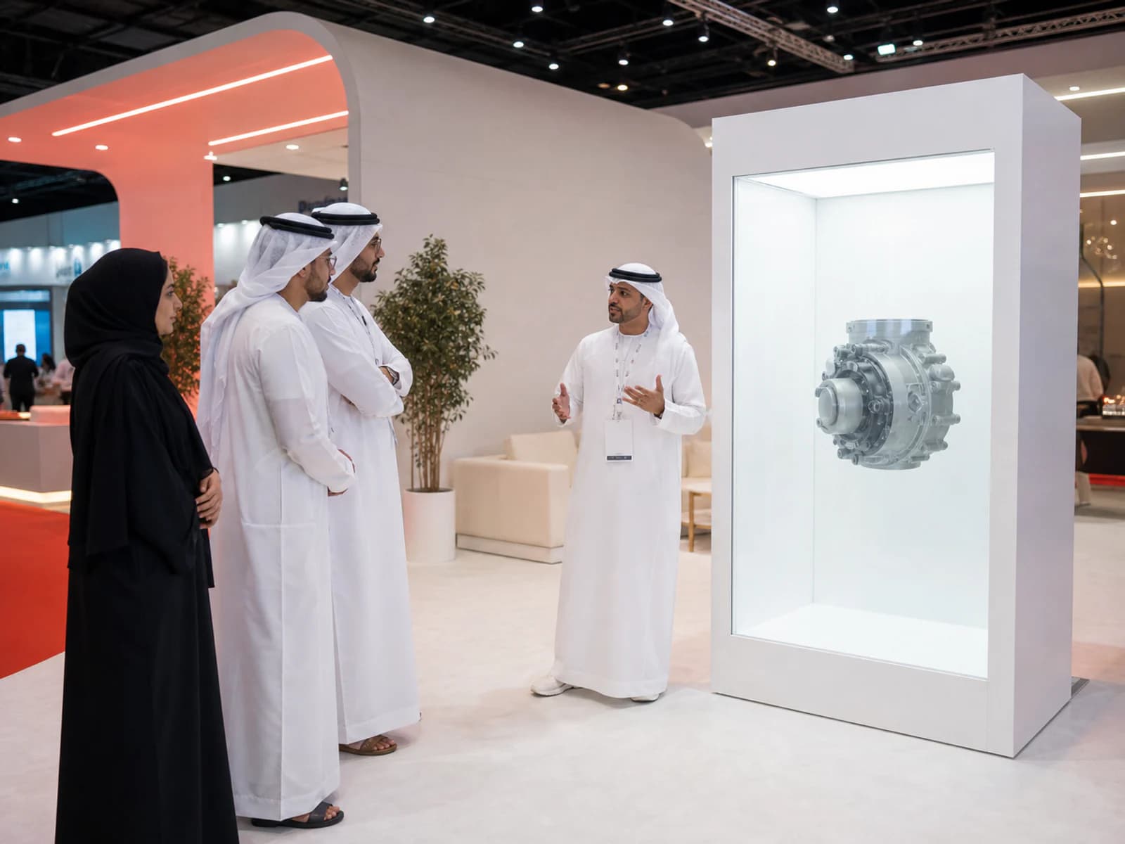 Business visitors viewing a holographic display at a Dubai exhibition