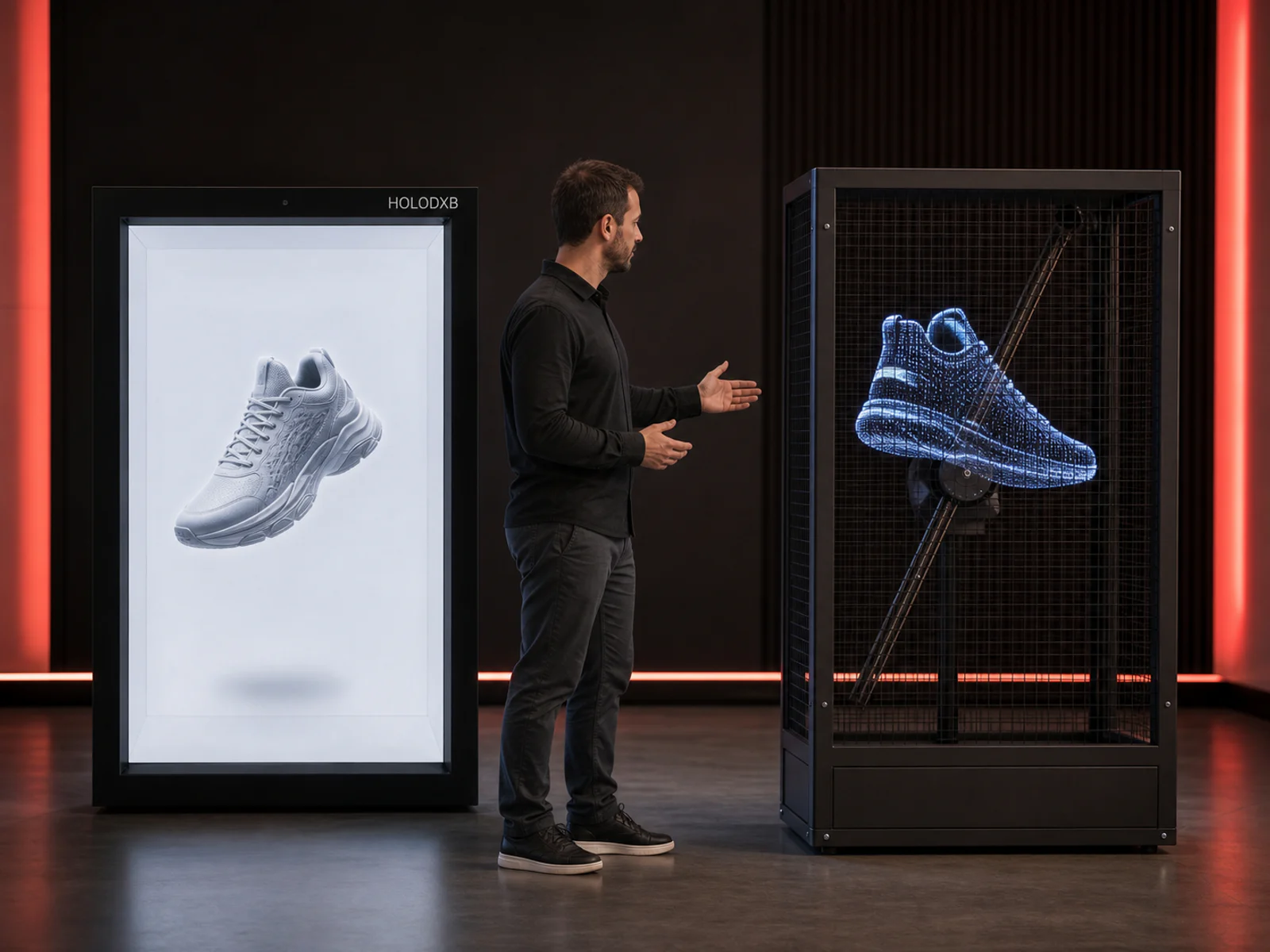 Holobox display and protected hologram fan shown side by side