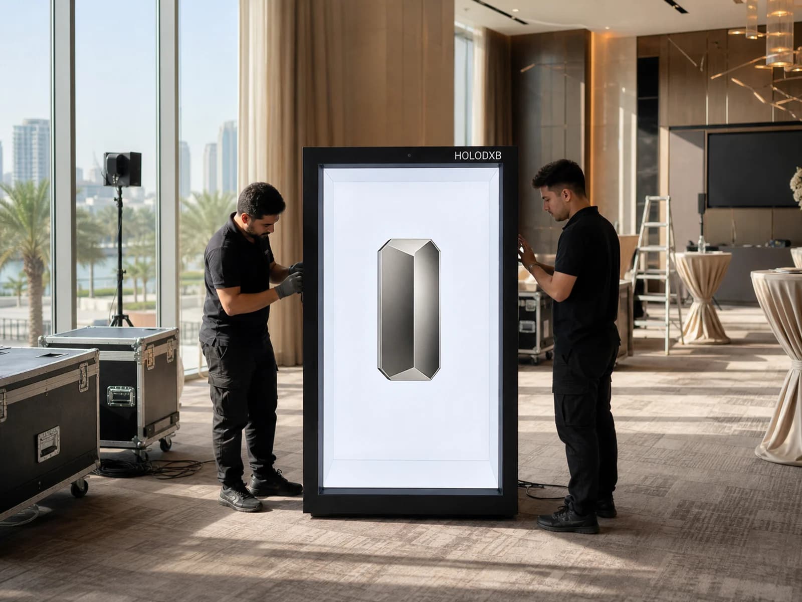 AV technicians installing a holographic display at a Dubai venue