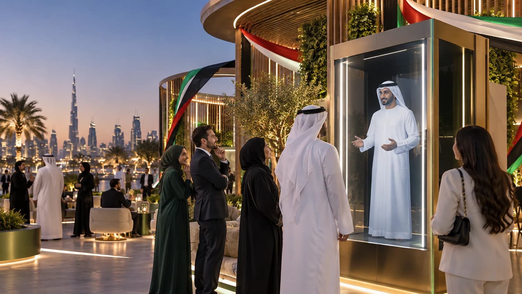 Visitors interacting with an Emirati digital host inside a Holobox at a premium UAE celebration event with national-colour accents and greenery