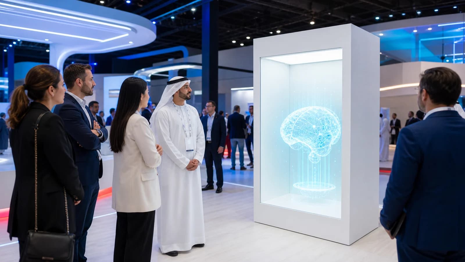 Emirati and international technology visitors viewing a white Holobox at a Dubai exhibition