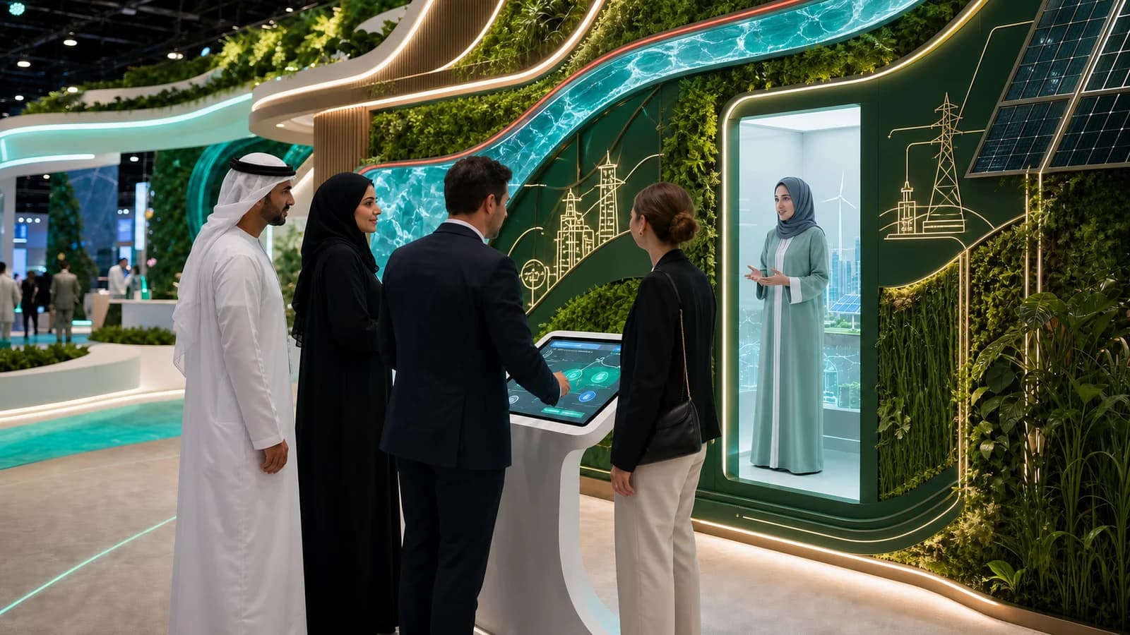 Exhibition visitors using an interactive tablet to ask a virtual sustainability adviser inside an embedded white Holobox